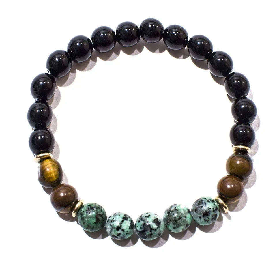 🌿 African Turquoise, Black Onyx & Tiger Eye 108 Mala Beads (8mm): The Stone of Evolution & Protection – Healing Meditation Necklace & Yoga Japamala Rosary