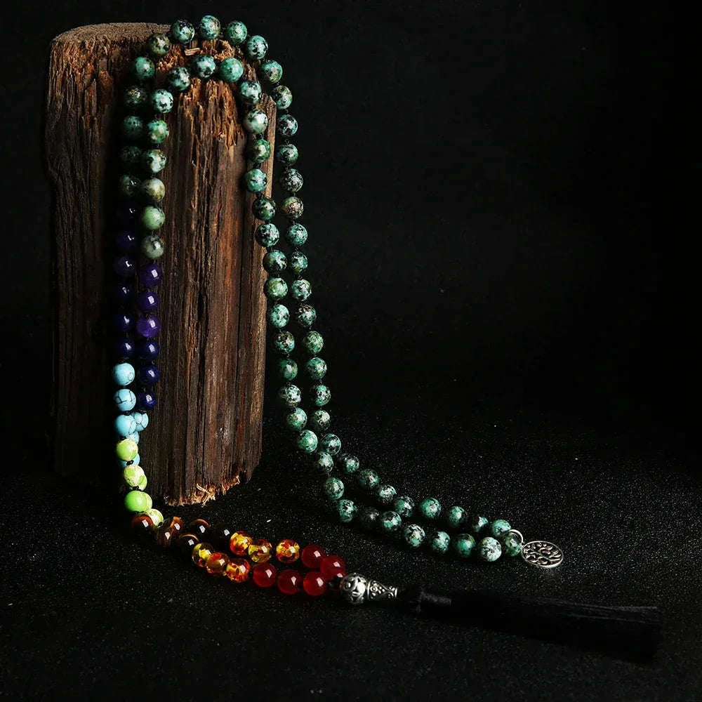 🌟African Turquoise "Evolution & Balance" 108 Mala – 8mm Knotted 7 Chakra Prayer Beads for Transformation &amp; Inner Peace 🧘♂️✨