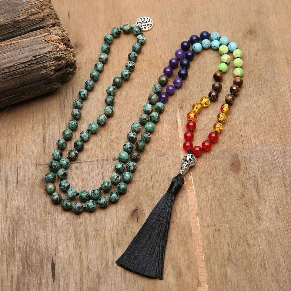 🌟African Turquoise "Evolution & Balance" 108 Mala – 8mm Knotted 7 Chakra Prayer Beads for Transformation &amp; Inner Peace 🧘♂️✨