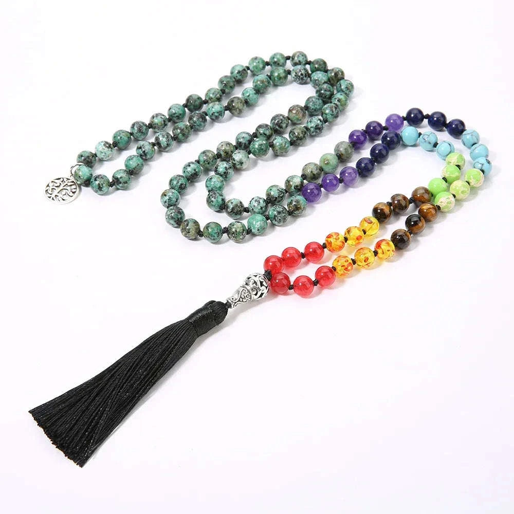 🌟African Turquoise "Evolution & Balance" 108 Mala – 8mm Knotted 7 Chakra Prayer Beads for Transformation &amp; Inner Peace 🧘♂️✨