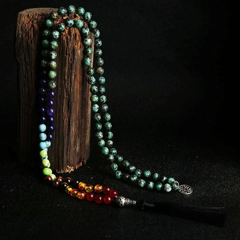 🌟African Turquoise "Evolution & Balance" 108 Mala – 8mm Knotted 7 Chakra Prayer Beads for Transformation &amp; Inner Peace 🧘♂️✨