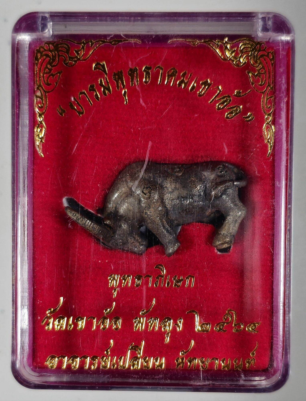 Ajan Plean Hatyannont sacred buffalo charm in protective clear case with red and gold background