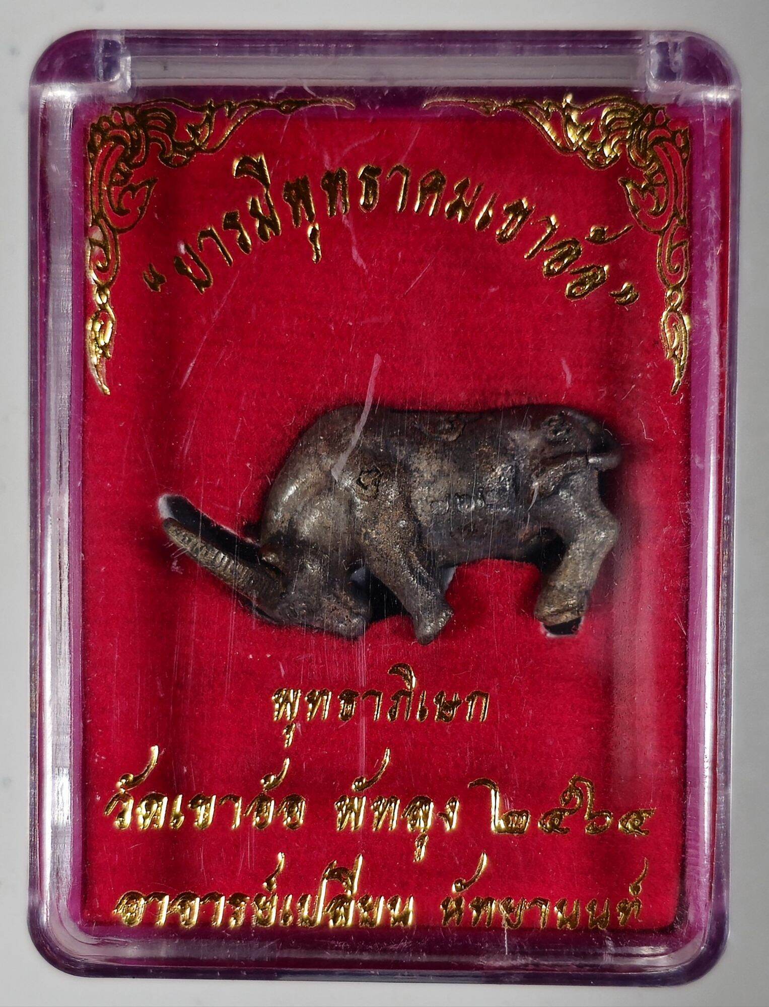 Ajan Plean Hatyannont sacred buffalo charm in protective clear case with red and gold background