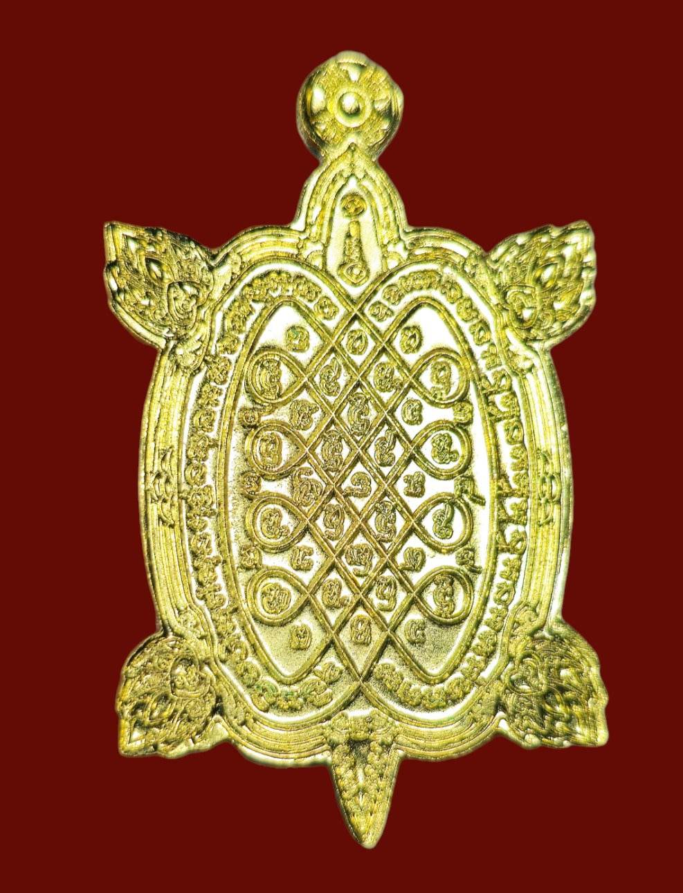 Gold turtle Phaya Tao Ruen Amulet Blessed by Phra Ajarn Uthai. Pendant with intricate yantra patterns