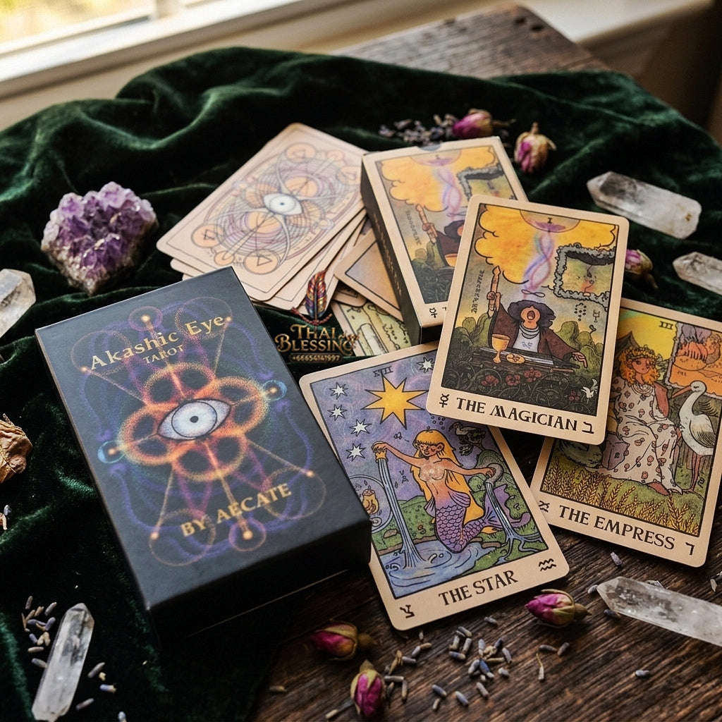 Akashic Eye Tarot Deck (78 Pcs Indie Cards Edition by Aecate) - Esoteric Akashic Records Symbolism with Reversed Images for Intuitive Readings & Collectors Thai Blessing Co By RURUECHA