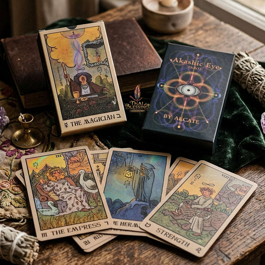 Akashic Eye Tarot Deck (78 Pcs Indie Cards Edition by Aecate) - Esoteric Akashic Records Symbolism with Reversed Images for Intuitive Readings & Collectors Thai Blessing Co By RURUECHA