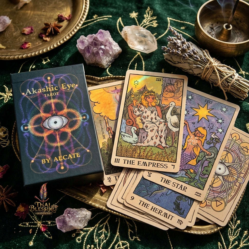Akashic Eye Tarot Deck (78 Pcs Indie Cards Edition by Aecate) - Esoteric Akashic Records Symbolism with Reversed Images for Intuitive Readings & Collectors Thai Blessing Co By RURUECHA