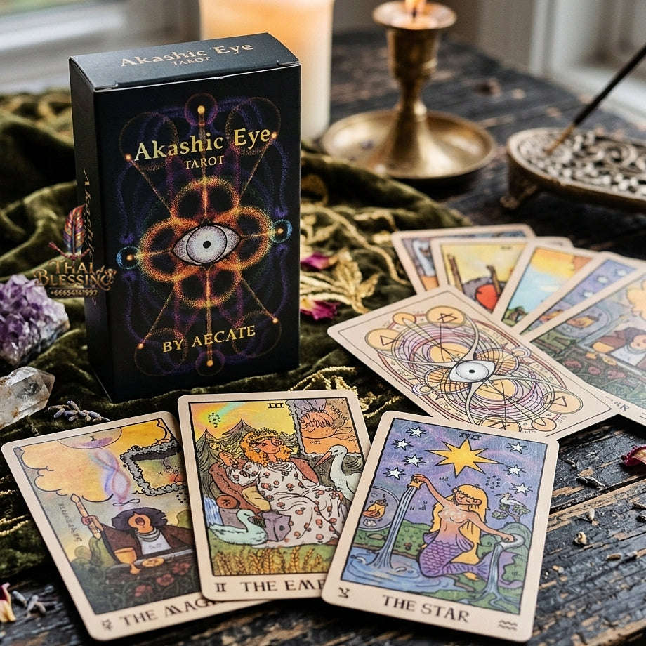 Akashic Eye Tarot Deck (78 Pcs Indie Cards Edition by Aecate) - Esoteric Akashic Records Symbolism with Reversed Images for Intuitive Readings & Collectors Thai Blessing Co By RURUECHA
