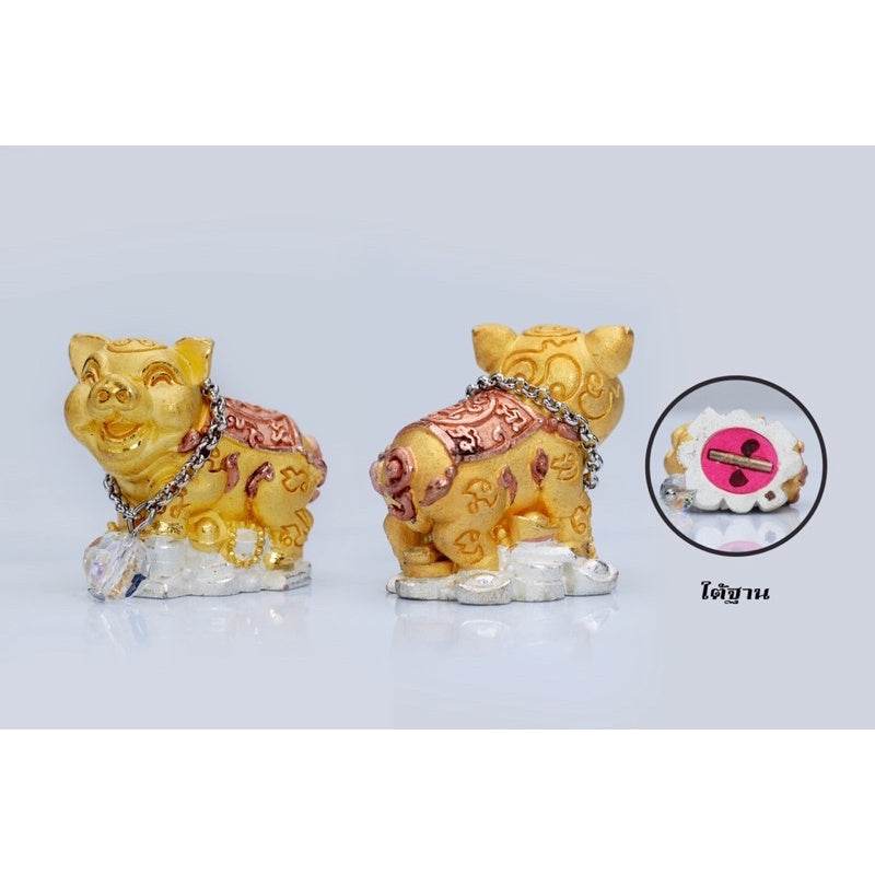 Thai lucky prosperity pig collectible gold pig figurine pair with decorative saddle and chain on crystal base