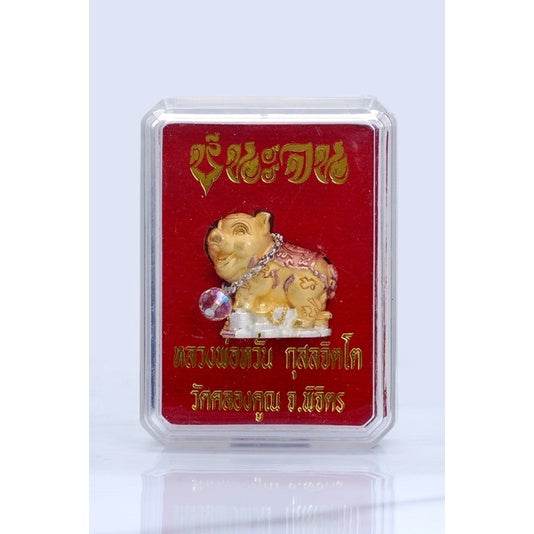 Thai lucky prosperity pig collectible gold amulet figurine in clear plastic display case with red velvet backing and jewel