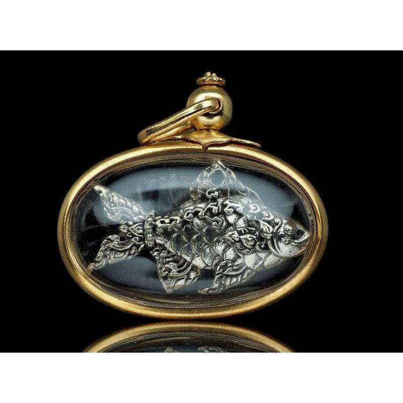Thai Tapian fish charm for wealth silver filigree fish pendant in gold oval frame with clear domed casing