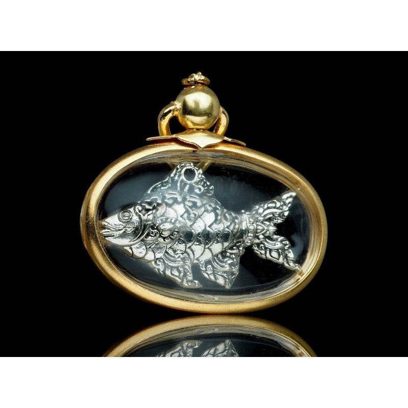 Thai Tapian fish charm for wealth silver fish amulet in gold oval pendant with protective casing