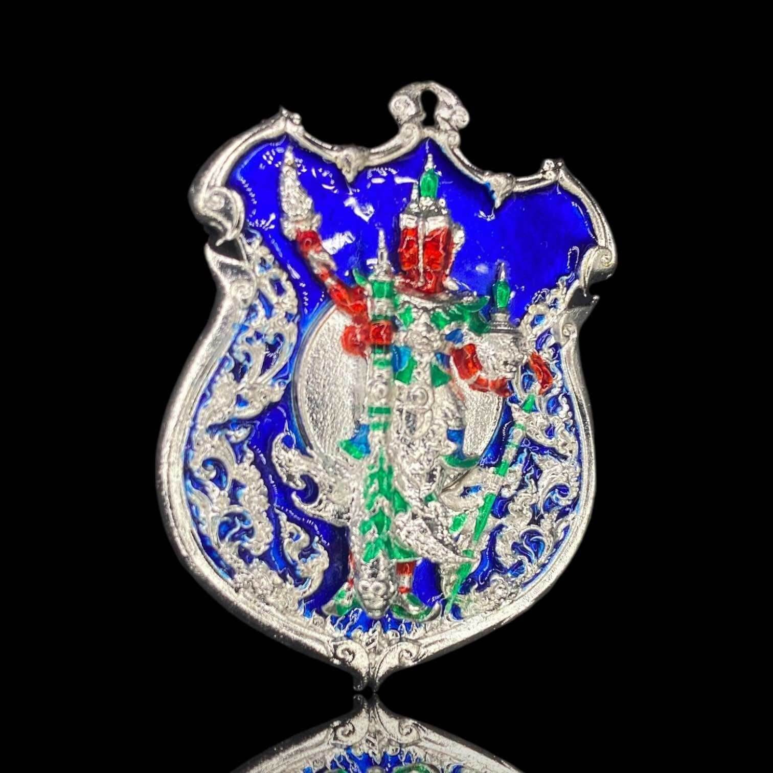 Thao Wessuwanno Sodaprom silver shield amulet with blue enamel and multicolor painted warrior figure pendant