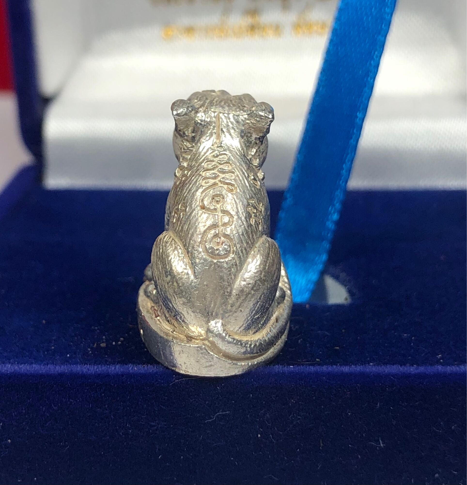 Silver tiger amulet for protection with intricate engravings displayed on a blue velvet surface