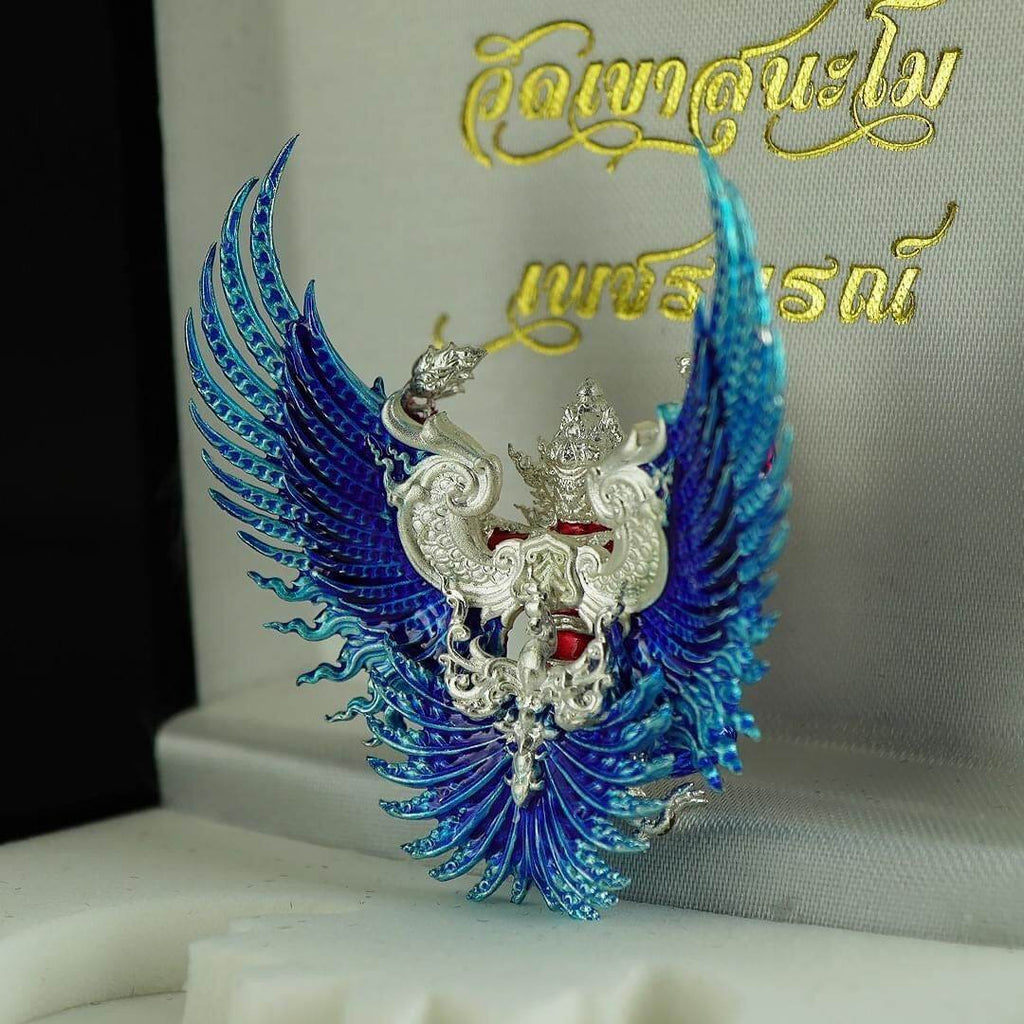 Phaya Krut Sataphusay Amulet blue enamel wings with silver ornate Garuda design in presentation box