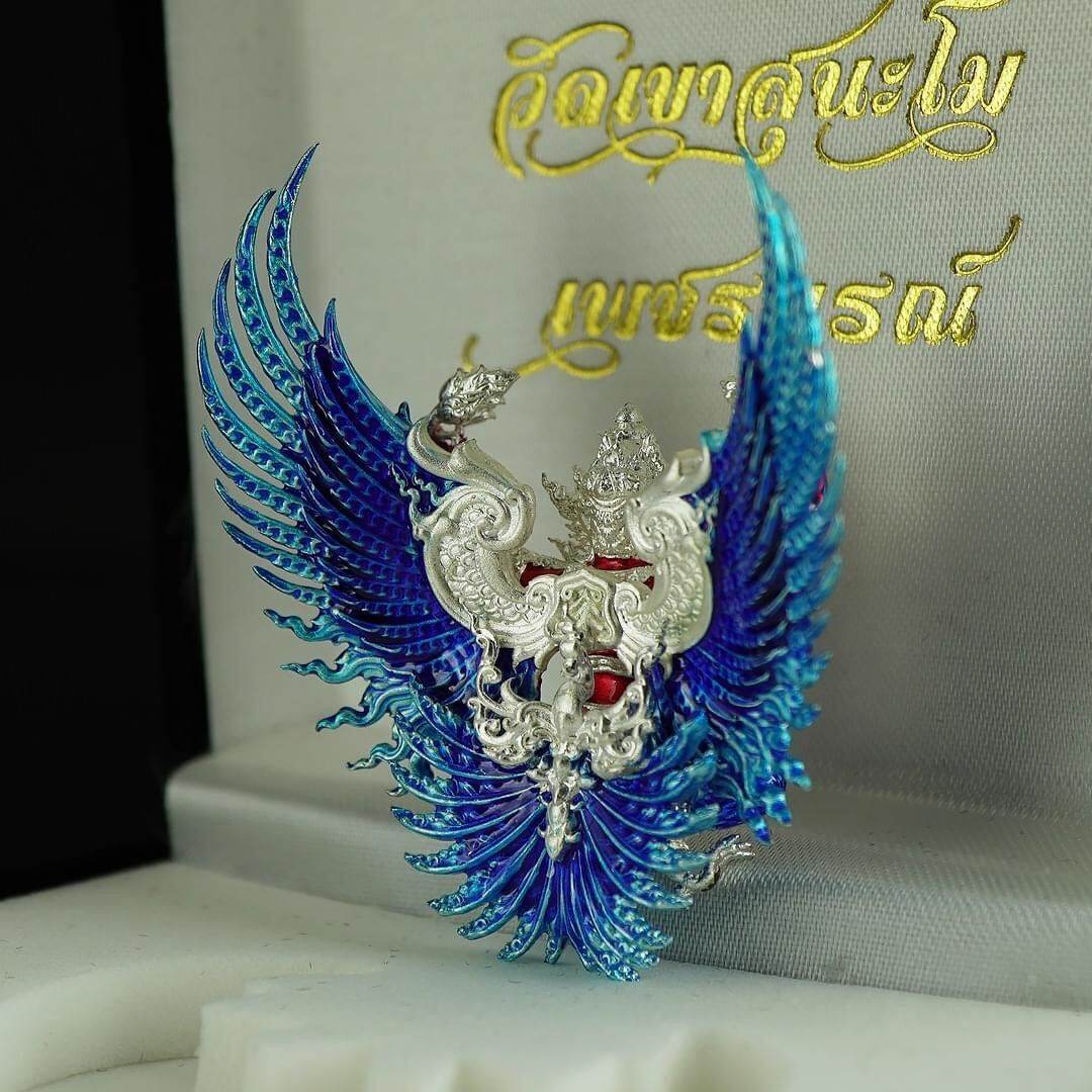 Phaya Krut Sataphusay Amulet blue enamel wings with silver ornate Garuda design in presentation box