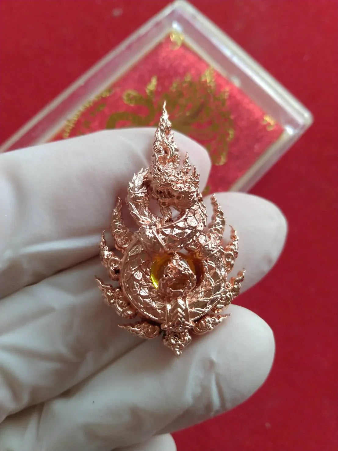 Naga Amulet Pendant - Anantanakarach Naga Gem Pendant | Pink Bronze Amulet with Yellow Naga Gem | Blessed by Luang Pu Thin, Yasothon