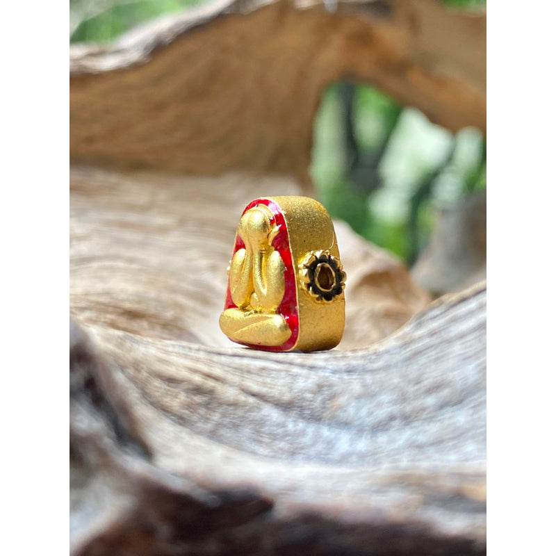 Phra Pidta amulet gold enamel small Thai Blessing Co talisman with red enamel accents for protection