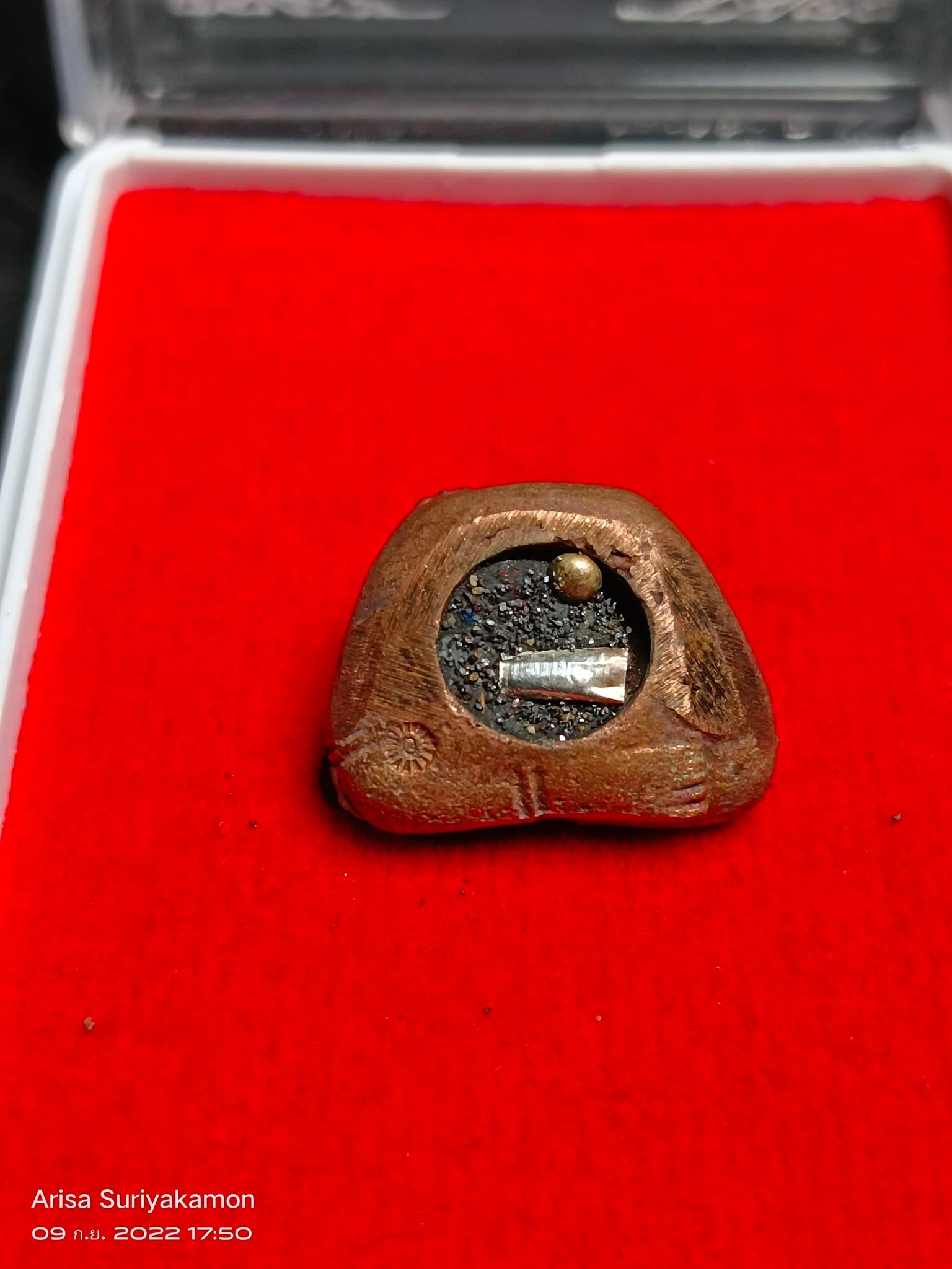 Thai Blessing Co Sangkajai Buddha amulet for wealth bronze carved charm with metal relic and bead on red velvet