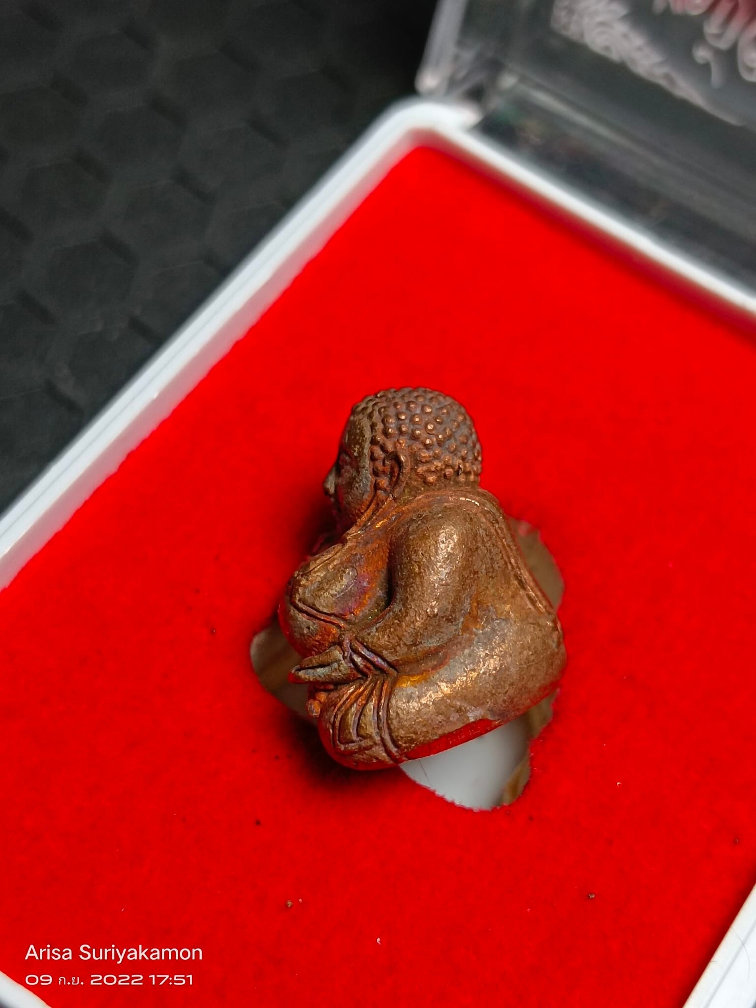 Sangkajai Buddha amulet for wealth bronze pocket statue in red velvet display case by Thai Blessing Co