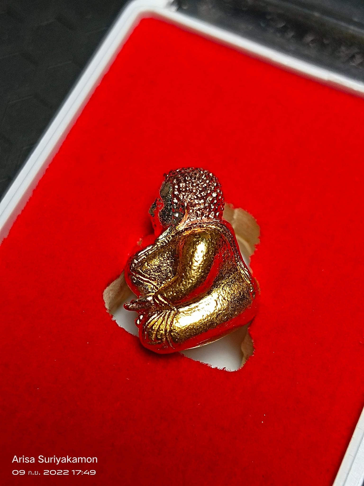 Sangkajai Buddha amulet for wealth gold seated figurine in red velvet display box from Thai Blessing Co