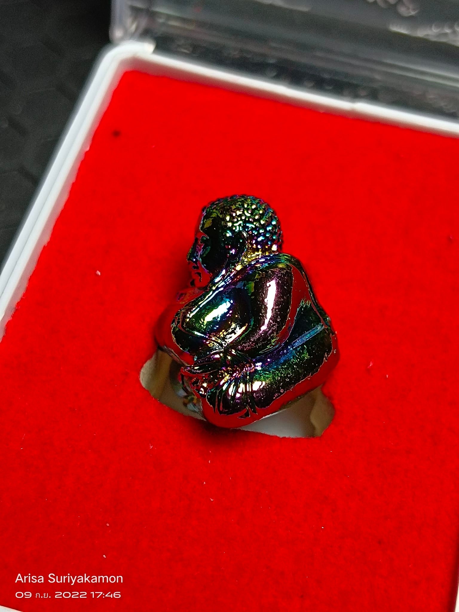 Sangkajai Buddha amulet for wealth iridescent metallic figurine in red velvet display box by Thai Blessing Co