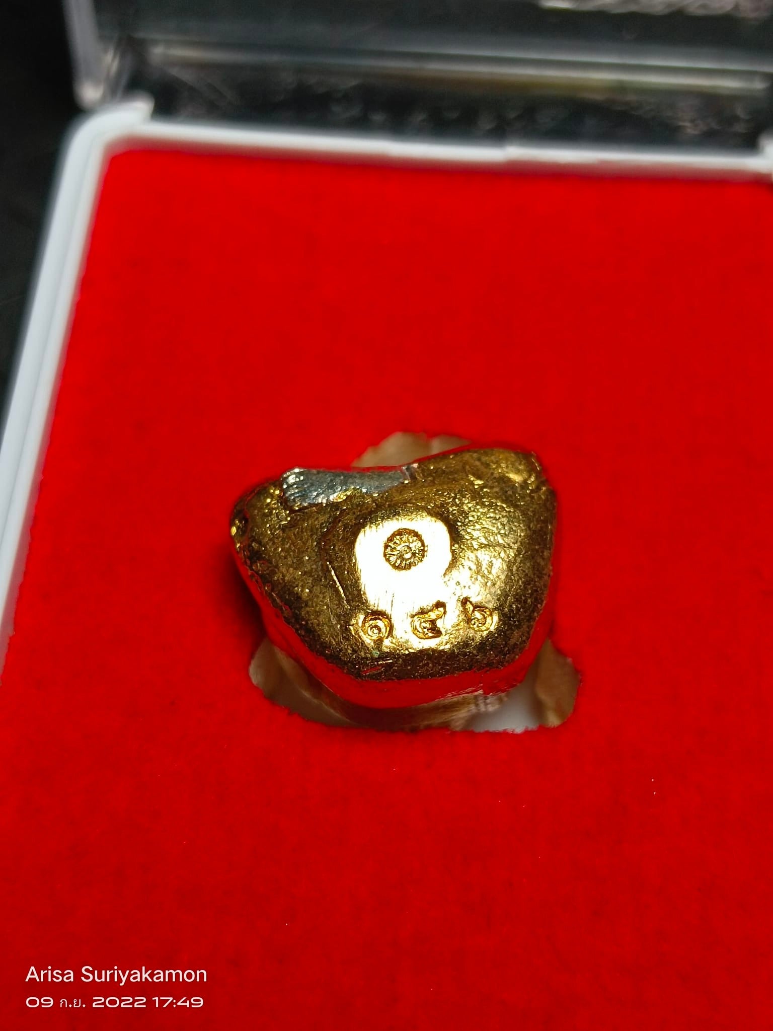 Sangkajai Buddha amulet for wealth gold leaf nugget style in red velvet display box by Thai Blessing Co