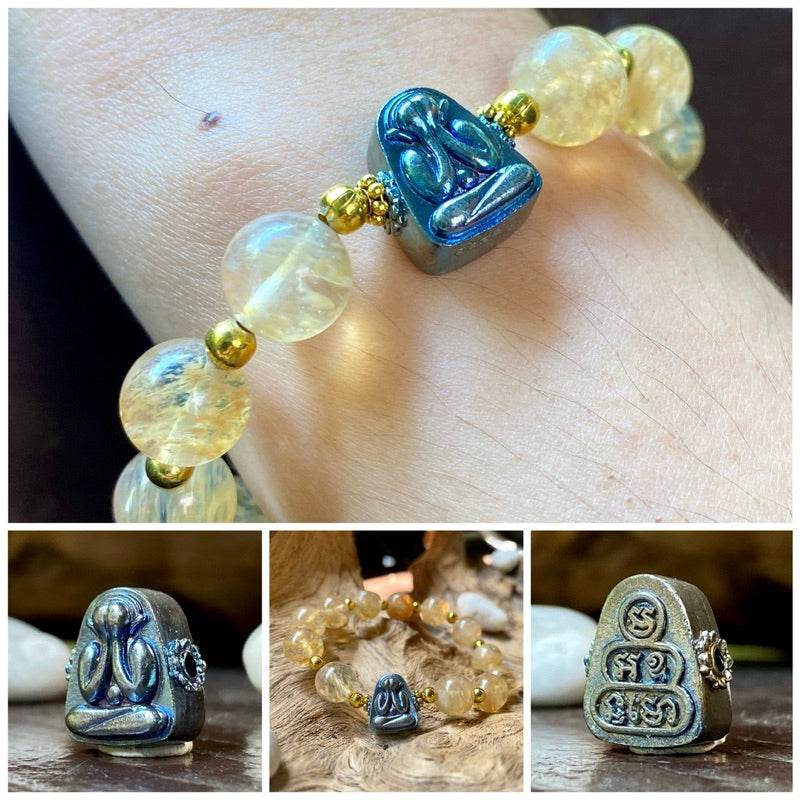 Thai billionaire wealth amulet bracelet with citrine beads and metallic Phra Pidta amulet front and back close ups