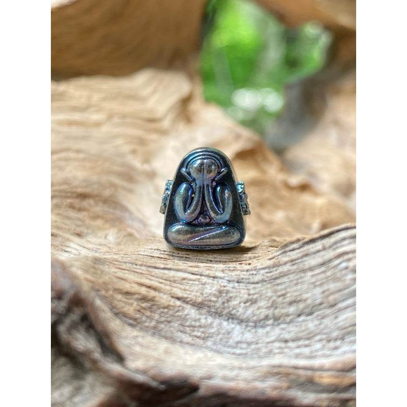 Thai billionaire wealth amulet small dark metal Phra Pidta amulet sitting on textured driftwood background