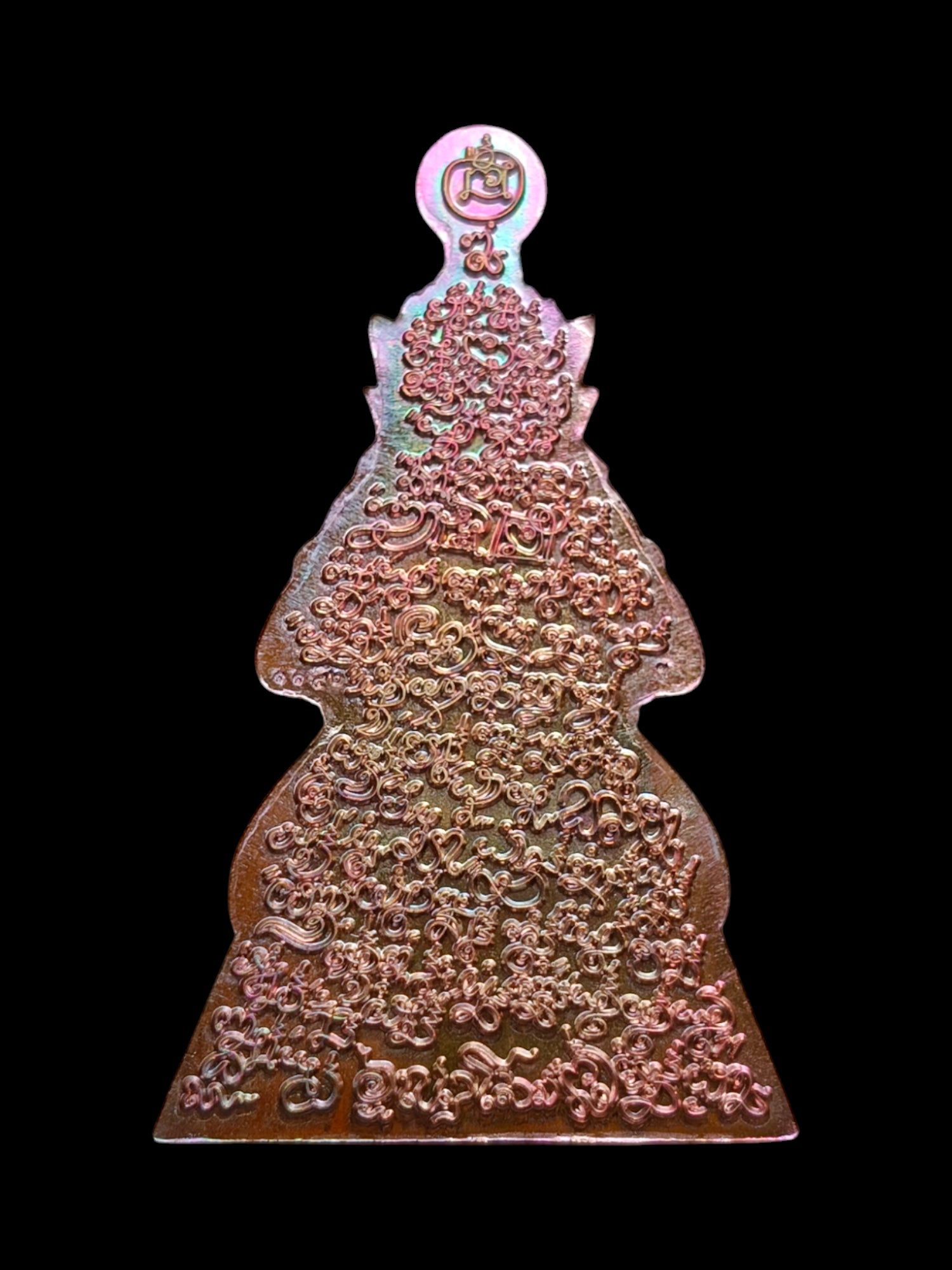 Thai guardian spirit protection charm copper amulet pendant with intricate engraved yantra script and tiered triangular shape