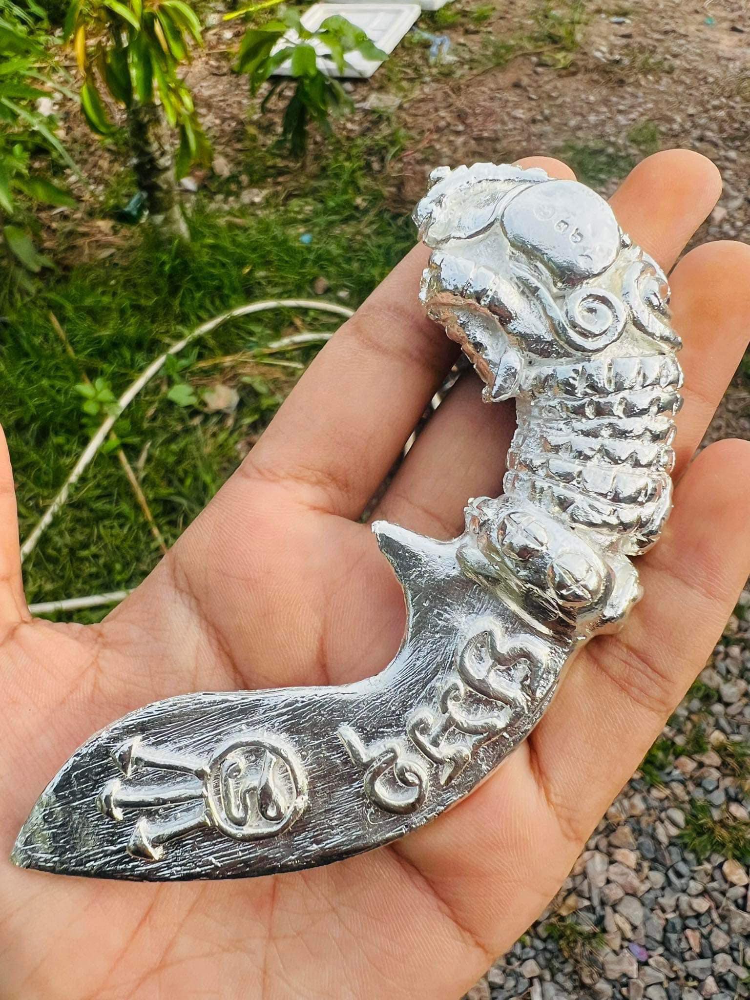Thai Blessing Co silver mitmor dagger amulet with dragon handle and engraved blade Thai mitmor dagger for protection
