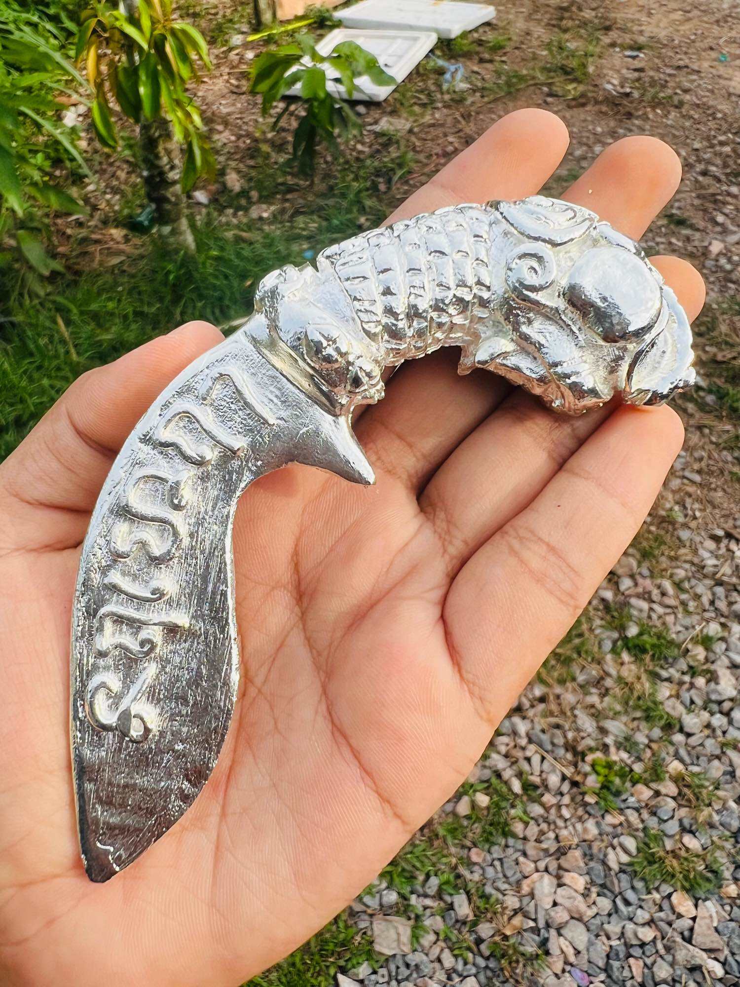 Handheld silver Thai mitmor dagger for protection amulet with dragon head handle decorative talisman