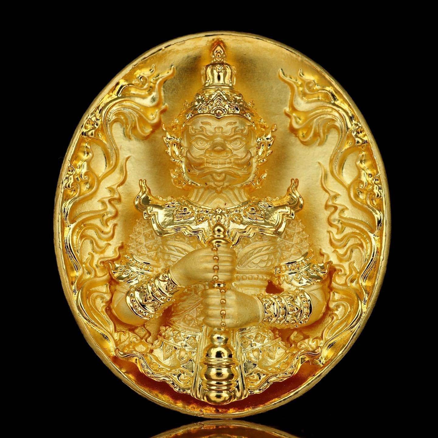 Gold oval amulet medallion featuring guardian figure holding staff with ornate details Thao Wessuwanno Bandarn Patthanapon