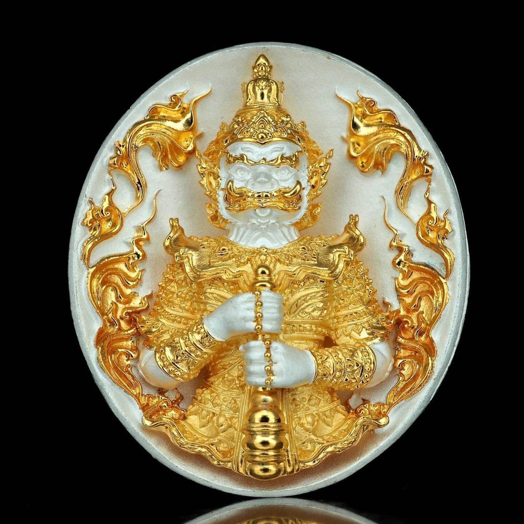 Thao Wessuwanno Bandarn Patthanapon gold and white guardian amulet medallion with intricate Thai ornamentation