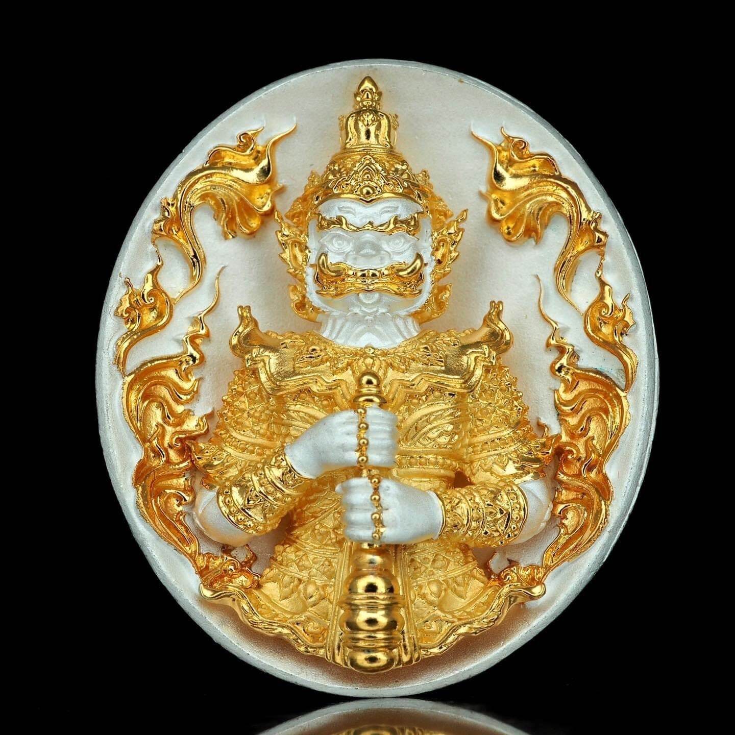 Thao Wessuwanno Bandarn Patthanapon gold and white guardian amulet medallion with intricate Thai ornamentation