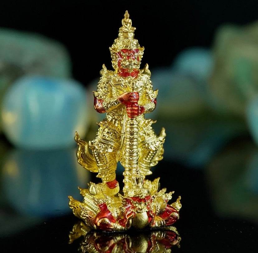 Gold and red Thai guardian figurine Thao Wessuwanno ornate amulet ornament for protection