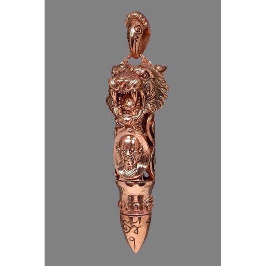 Copper Tiger King Takrud amulet for status pendant with roaring tiger head and engraved monk portrait
