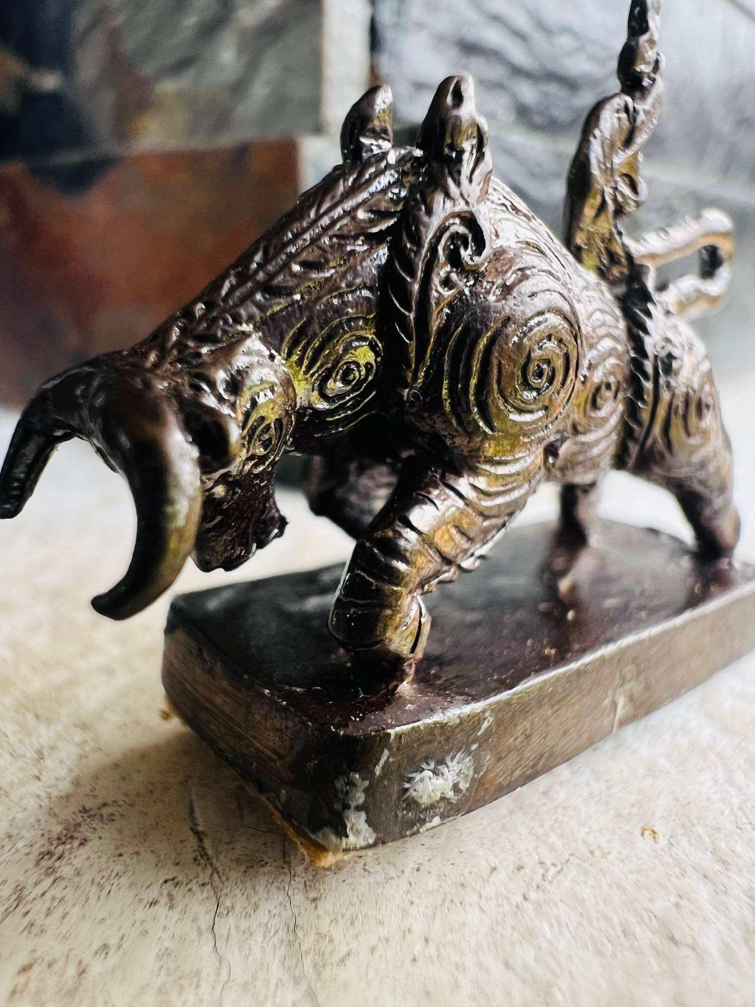 Antique bronze buffalo statue on wooden base Wua Thanu Thai protection amulet decorative talisman