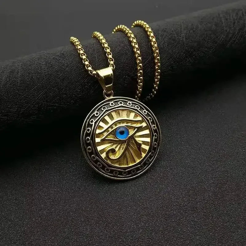 👁️ Ancient Egyptian Mythology Eye of Horus Pendant Necklace – Unisex Punk Style | Blue Eyes | Hip Hop Party Amulet Jewelry Gift AL4019-Gold