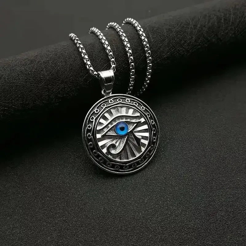 👁️ Ancient Egyptian Mythology Eye of Horus Pendant Necklace – Unisex Punk Style | Blue Eyes | Hip Hop Party Amulet Jewelry Gift AL4019-Silver