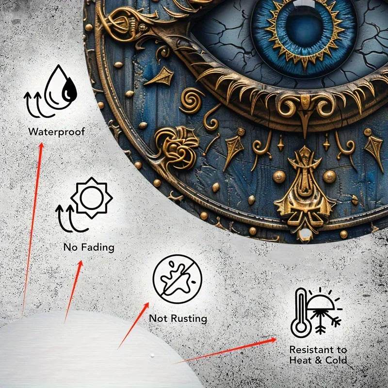Eye of Horus metal wall sign ornate blue and gold round medallion closeup showing waterproof no fading and rustproof icons