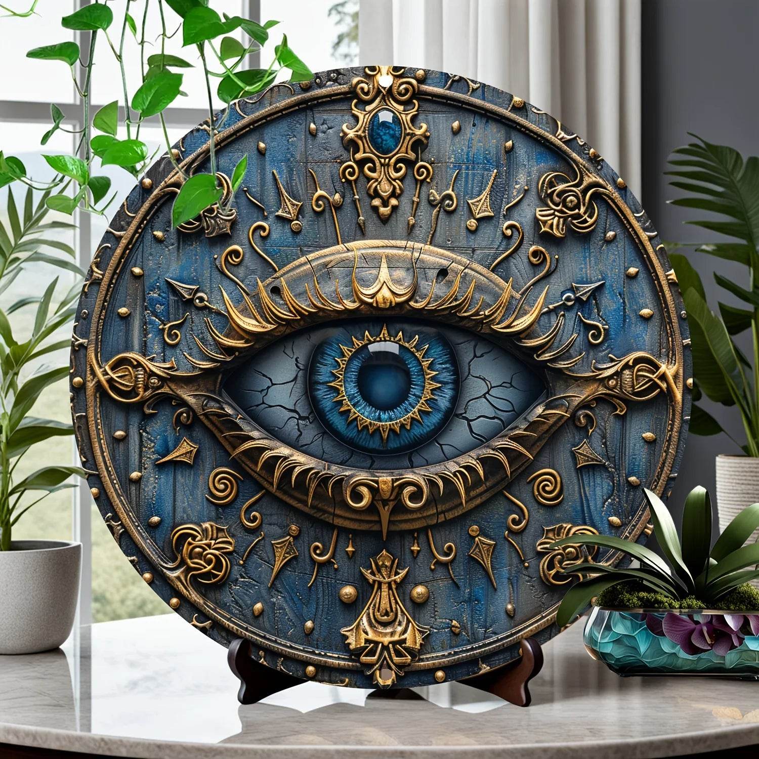 Eye of Horus metal wall sign round blue and gold ornate decorative eye on wood texture displayed on stand