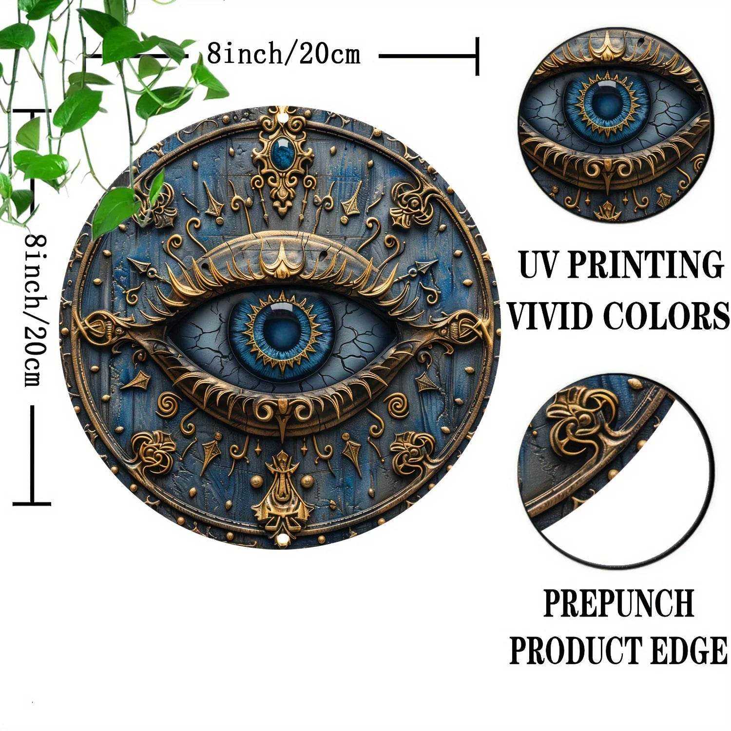 Eye of Horus metal wall sign ornate blue and gold round 8 inch decorative UV printed hanging decor