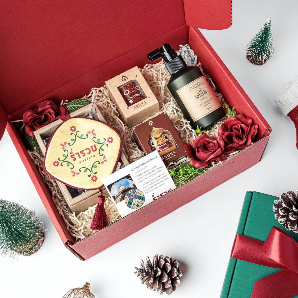Cherry aroma gift set in red box with scented candle, essential oils, and decorative roses