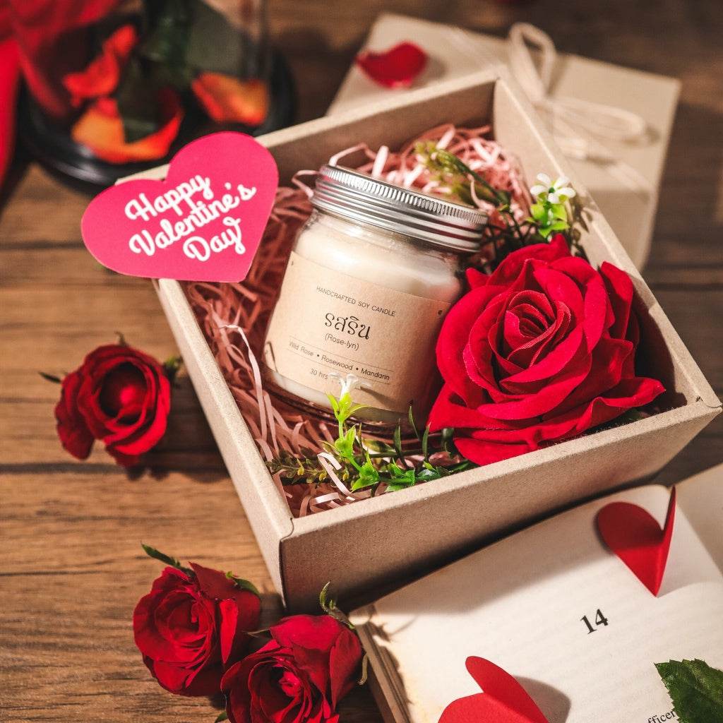 Customizable Valentine's Day gift set with scented candle and red roses in a decorative box