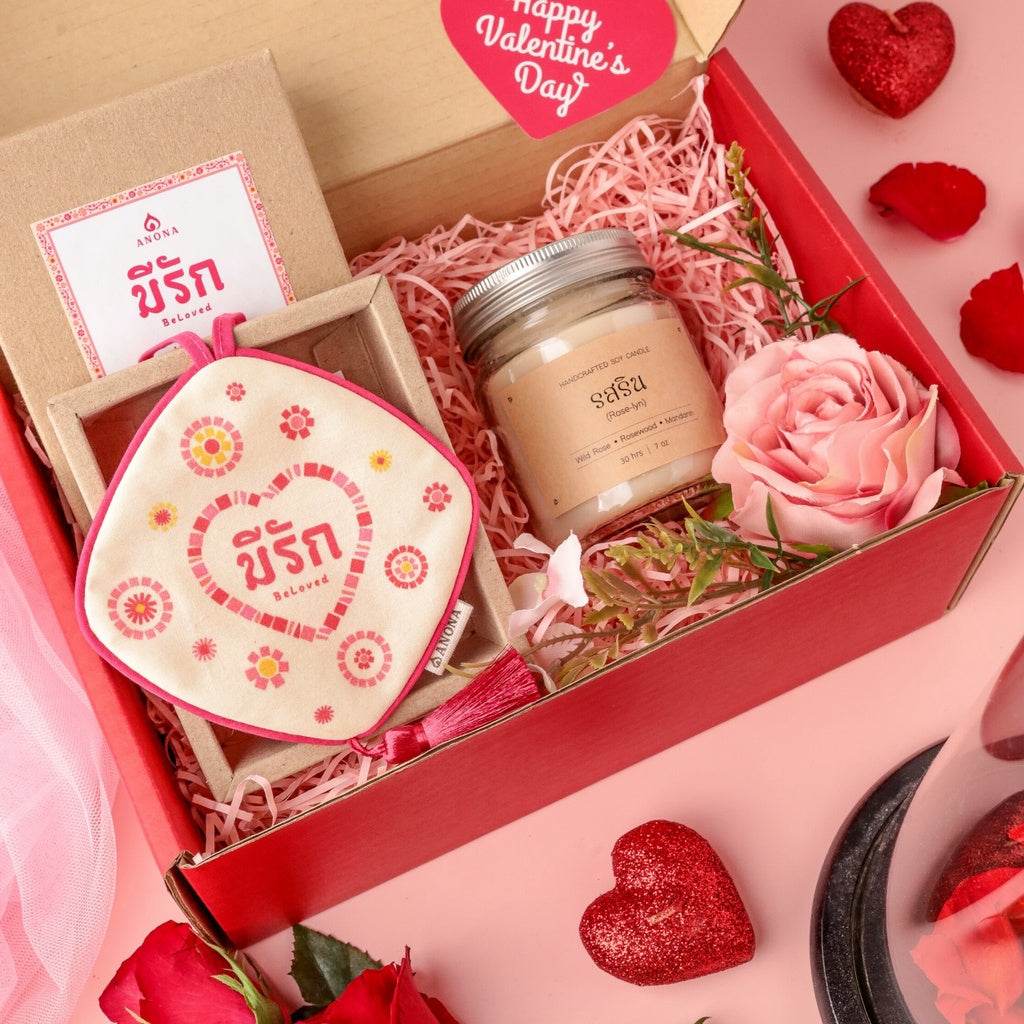 Customizable Valentine's Day gift set with scented candle, decorative pouch, and pink rose in a red box