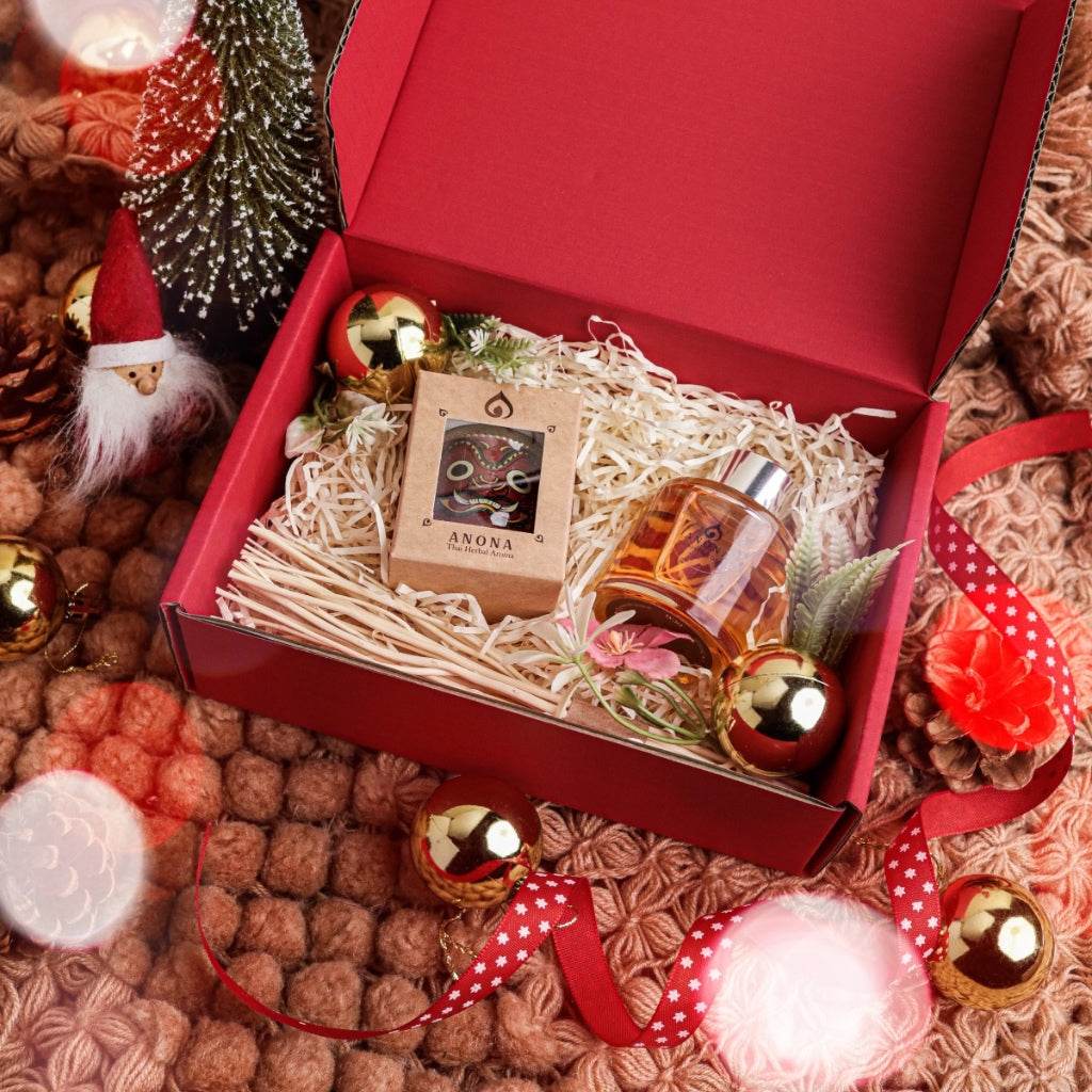 Herbal aroma gift set in red box with essential oil bottle and decorative packaging from One-Sake.com