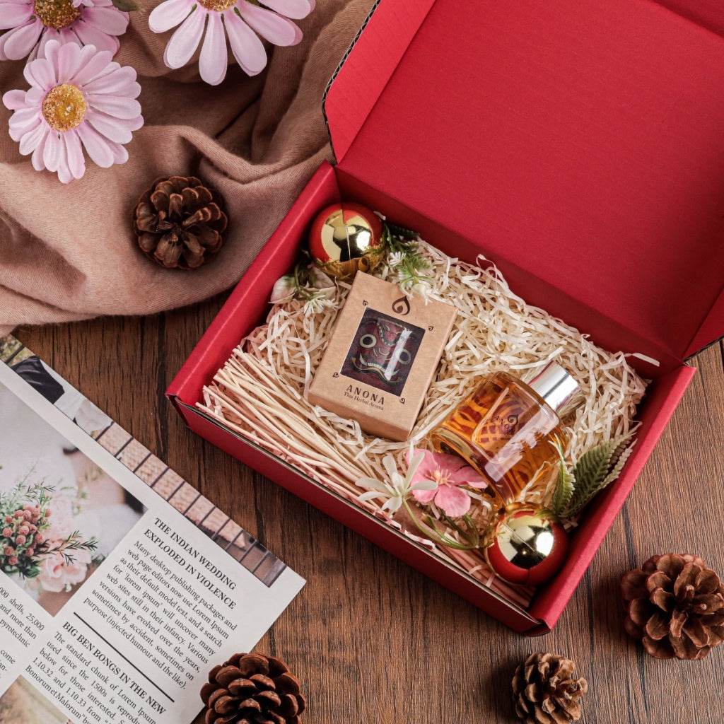 One-Sake.com herbal aroma gift set with essential oil and natural elements in red box