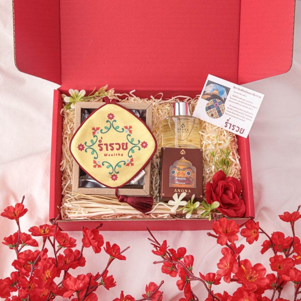 Lucky red aroma gift box with scented candle and essential oil from One-Sake.com in decorative red packaging
