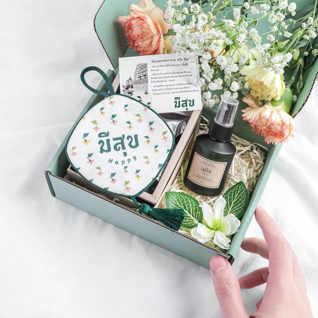 Gift box from One-Sake.com with lucky scent sachet and room spray, flowers included for mom